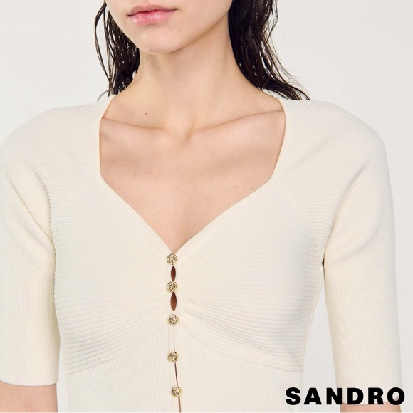 Sandro **NWT** 'Cecilia' Rose Button Short Sleeve Ribbed Knit Cardigan in white - Picture 7 of 10